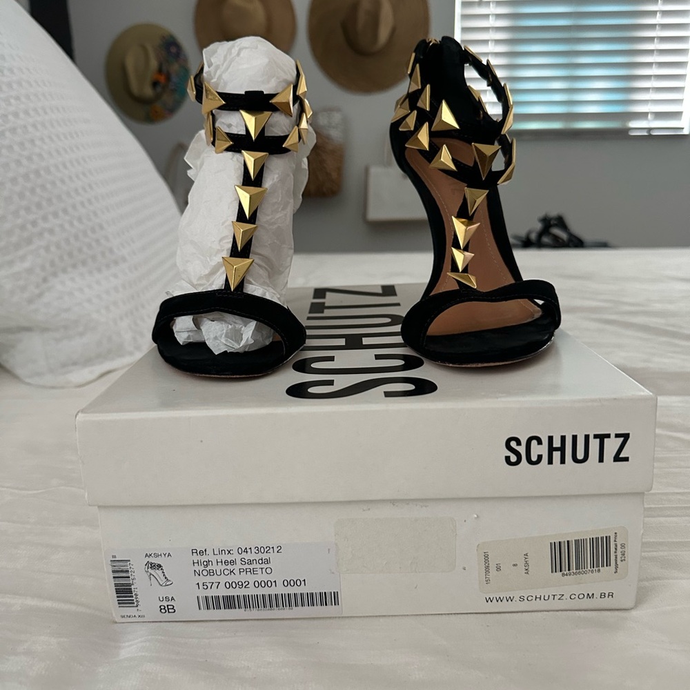 SCHUTZ Black and Gold Studded Heels